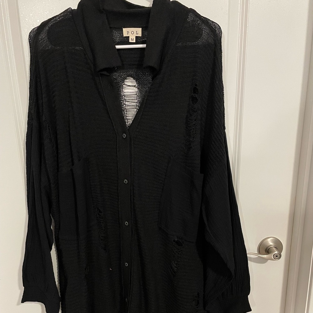 Black Distressed Button-Up Cardigan POL